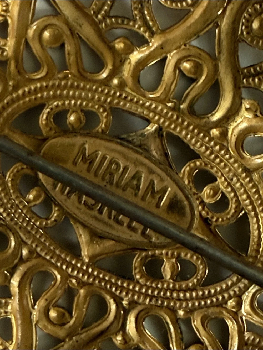 Vintage Miriam Haskell antique revival gold tone Filigree Oval Brooch pin